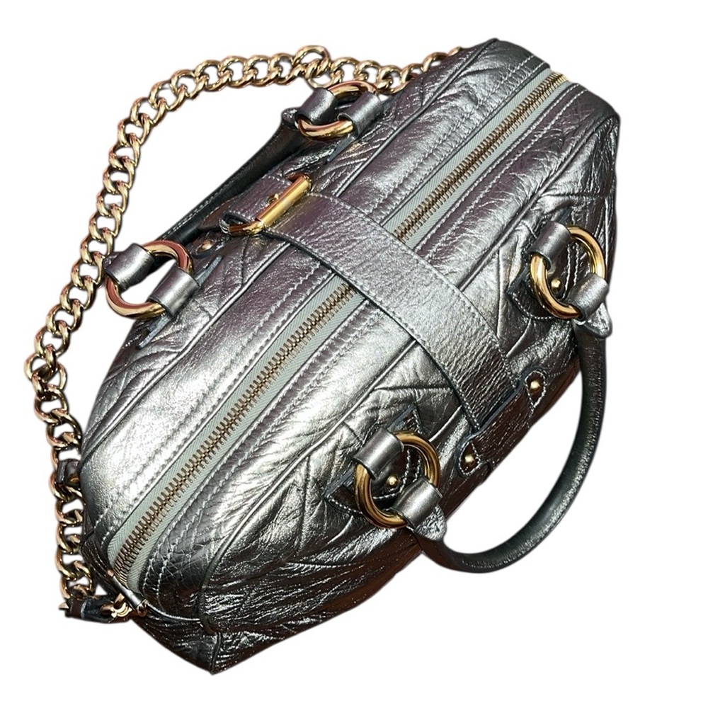 Marc Jacobs Y2K Quilted Venetia Metallic Gunmetal Leather Satchel w/ Chain Strap - Picture 9 of 17